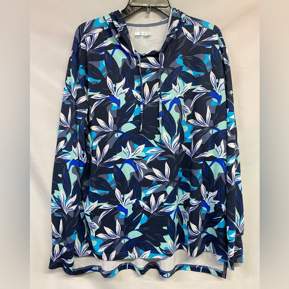 Columbia PFG Women's Navy Teal Tropical Leaf Pullover Hooded Long Sleeve Shirt L